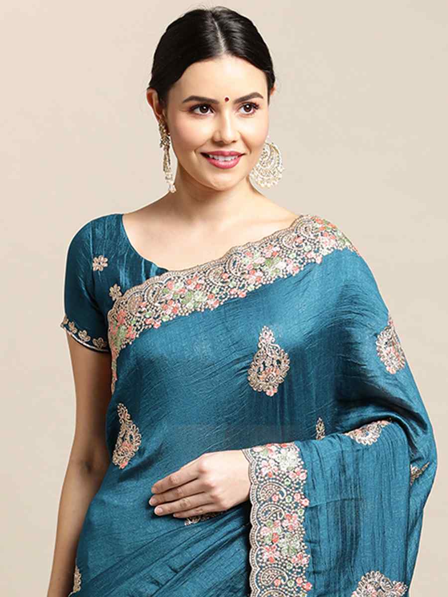 Teal Rangoli Silk Embroidered Festival Wedding Heavy Border Saree