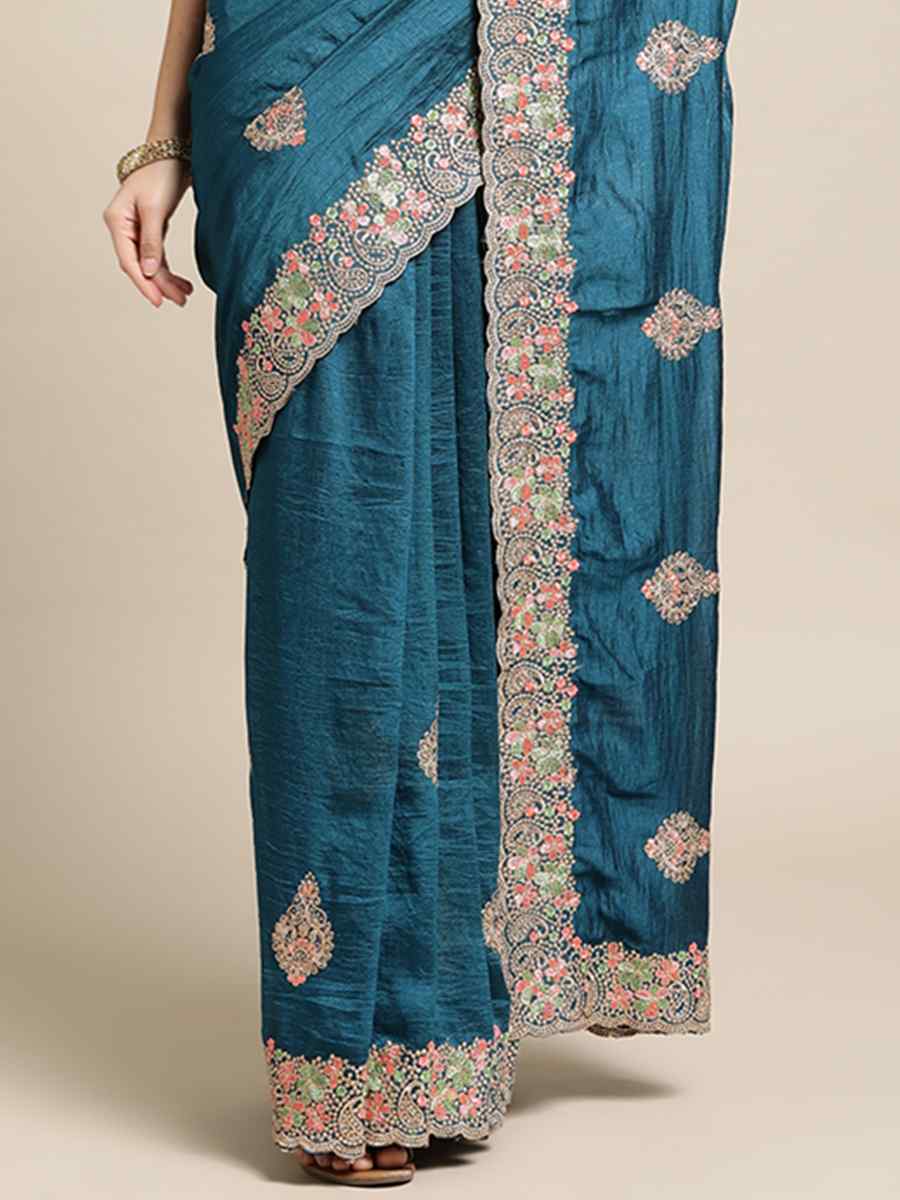 Teal Rangoli Silk Embroidered Festival Wedding Heavy Border Saree