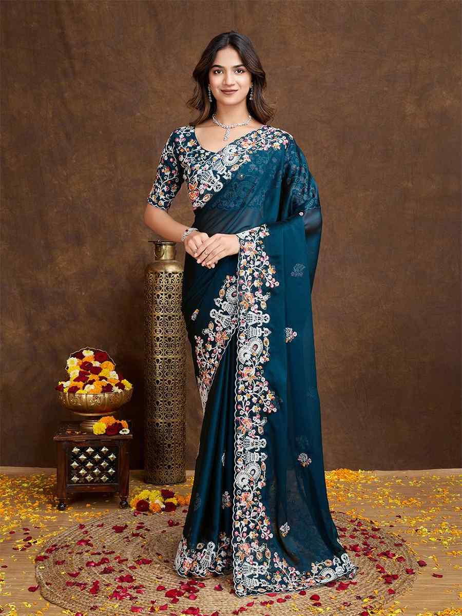 Teal Rangoli Silk Embroidered Festival Wedding Heavy Border Saree