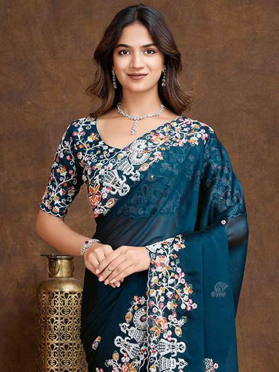 Teal Rangoli Silk Embroidered Festival Wedding Heavy Border Saree