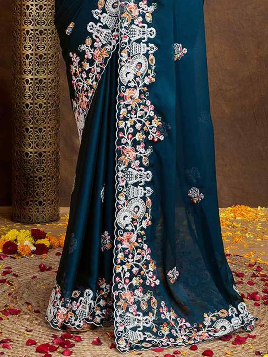 Teal Rangoli Silk Embroidered Festival Wedding Heavy Border Saree