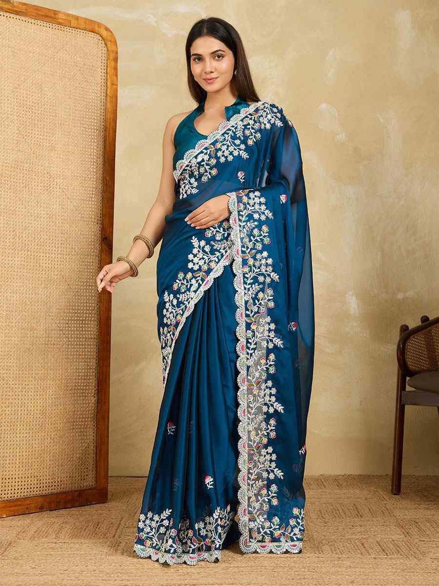 Teal Rangoli Silk Embroidery Traditional Casual Reception Festival Wedding Fancy Heavy Border Saree