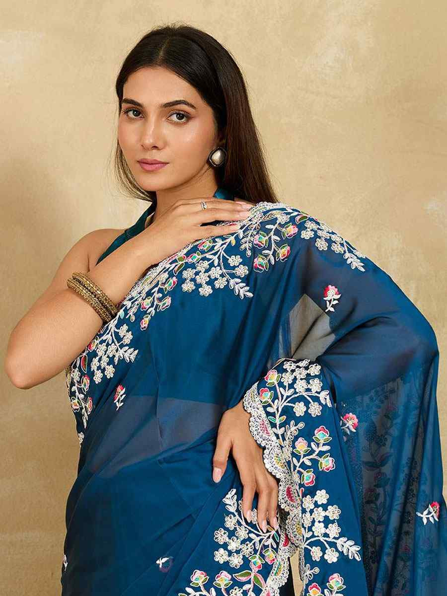 Teal Rangoli Silk Embroidery Traditional Casual Reception Festival Wedding Fancy Heavy Border Saree