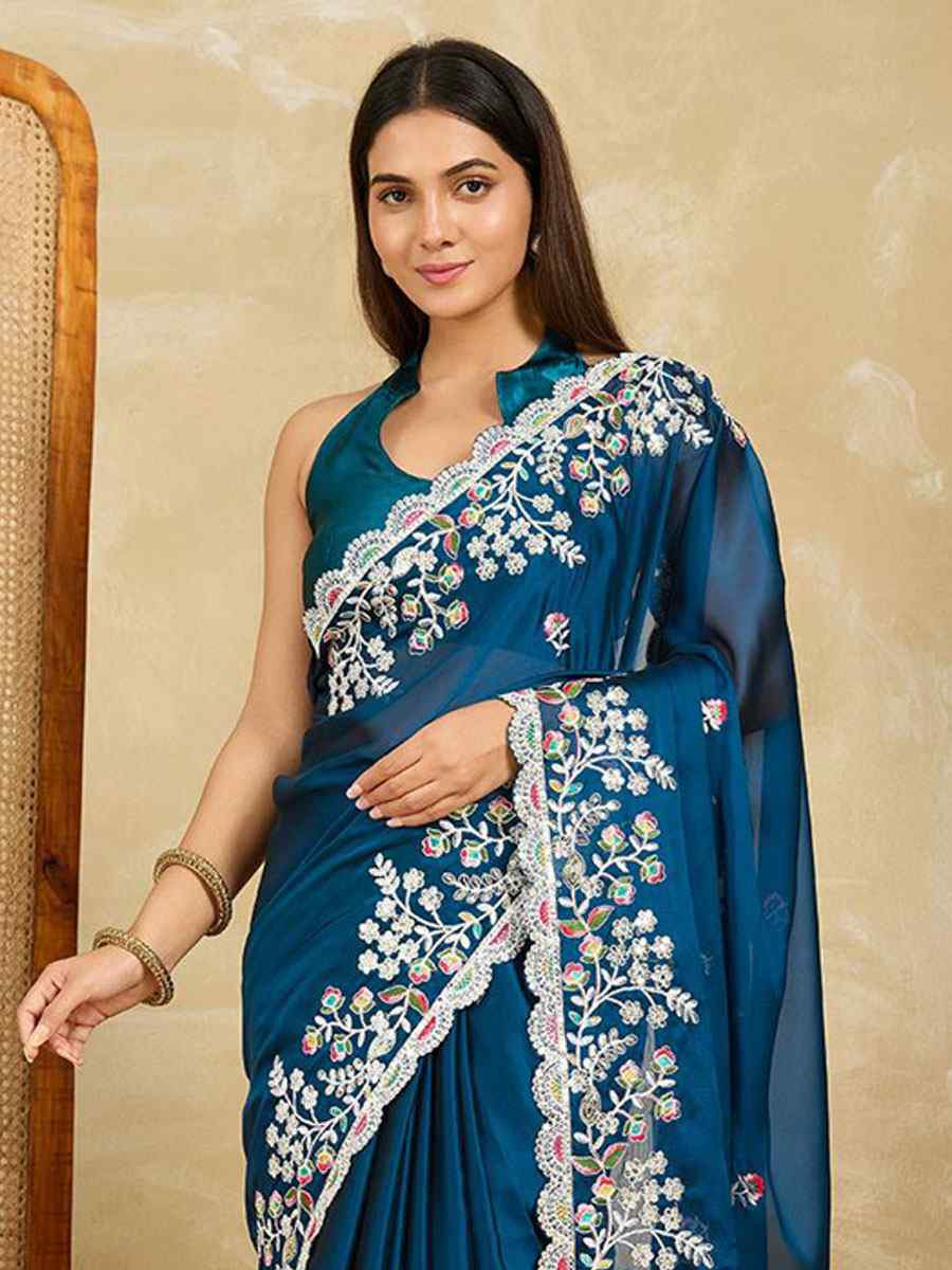 Teal Rangoli Silk Embroidery Traditional Casual Reception Festival Wedding Fancy Heavy Border Saree