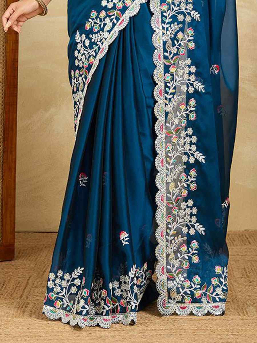 Teal Rangoli Silk Embroidery Traditional Casual Reception Festival Wedding Fancy Heavy Border Saree