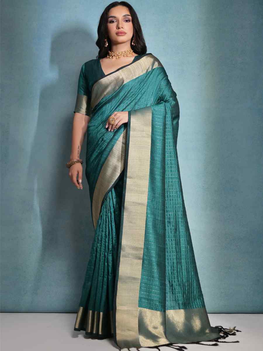 Teal Raw Silk Handwoven Festival Casual Heavy Border Saree