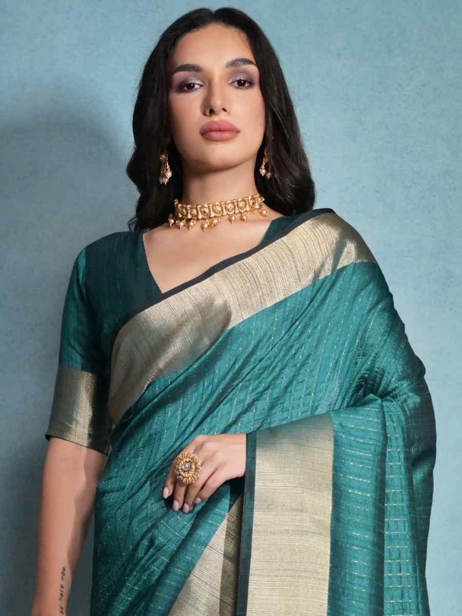 Teal Raw Silk Handwoven Festival Casual Heavy Border Saree