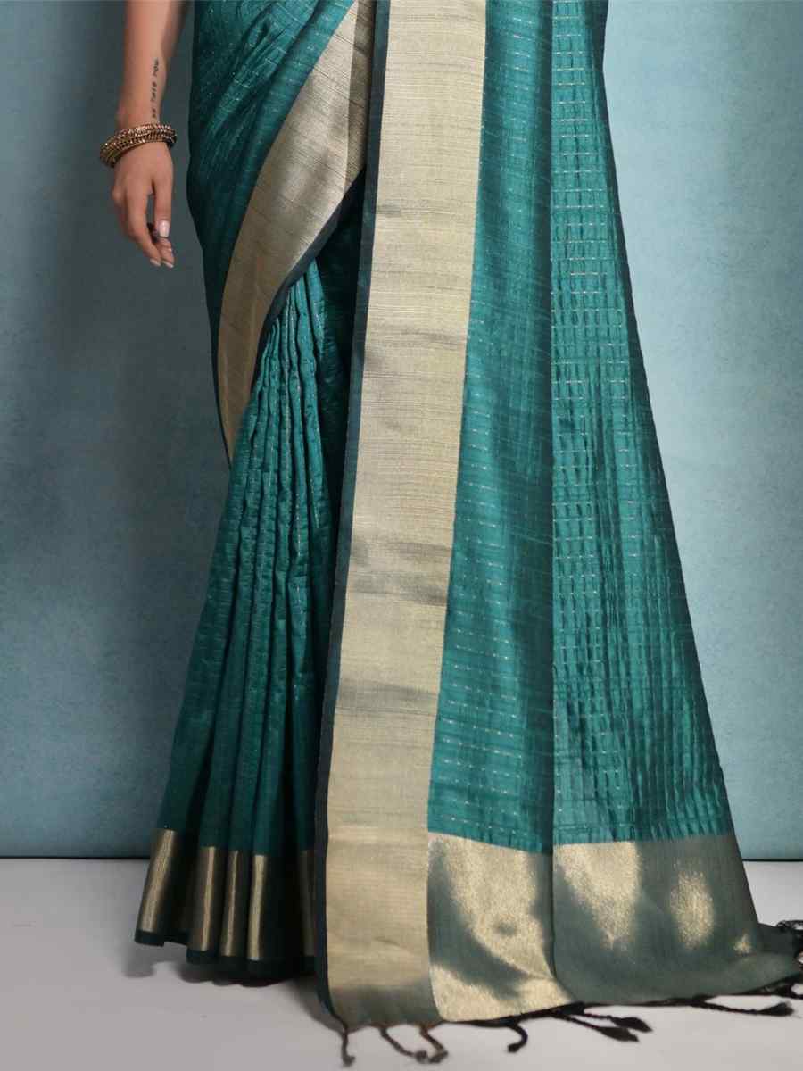 Teal Raw Silk Handwoven Festival Casual Heavy Border Saree