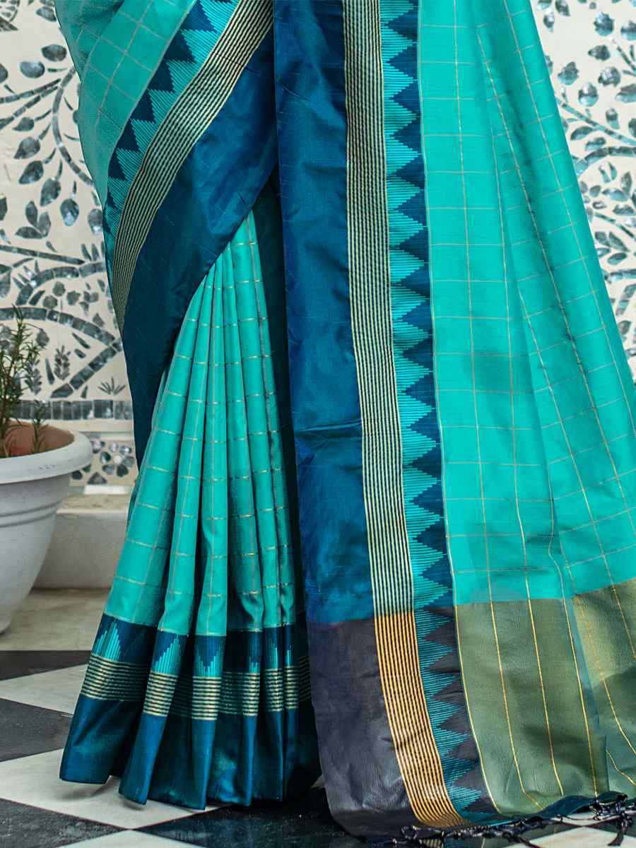 Teal Raw Silk Handwoven Party Festival Heavy Border Saree