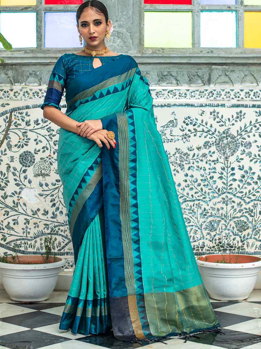 Teal Raw Silk Handwoven Party Festival Heavy Border Saree