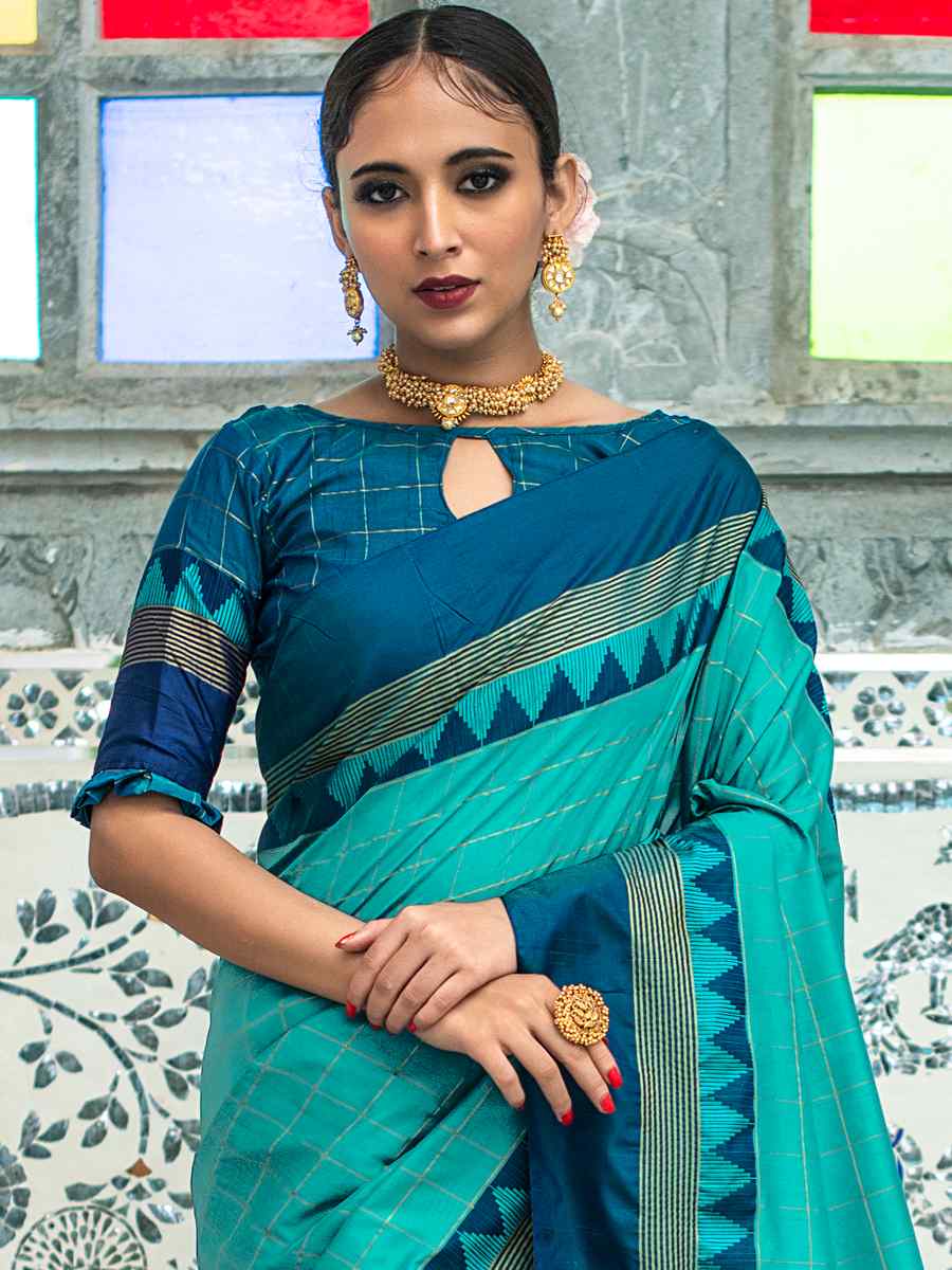 Teal Raw Silk Handwoven Party Festival Heavy Border Saree