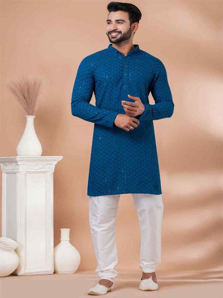 Teal Rayon Embroidered Festival Casual Kurta