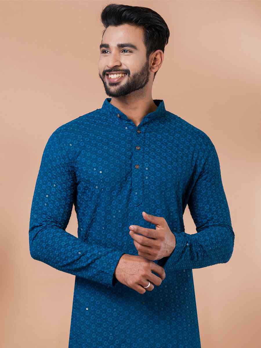 Teal Rayon Embroidered Festival Casual Kurta