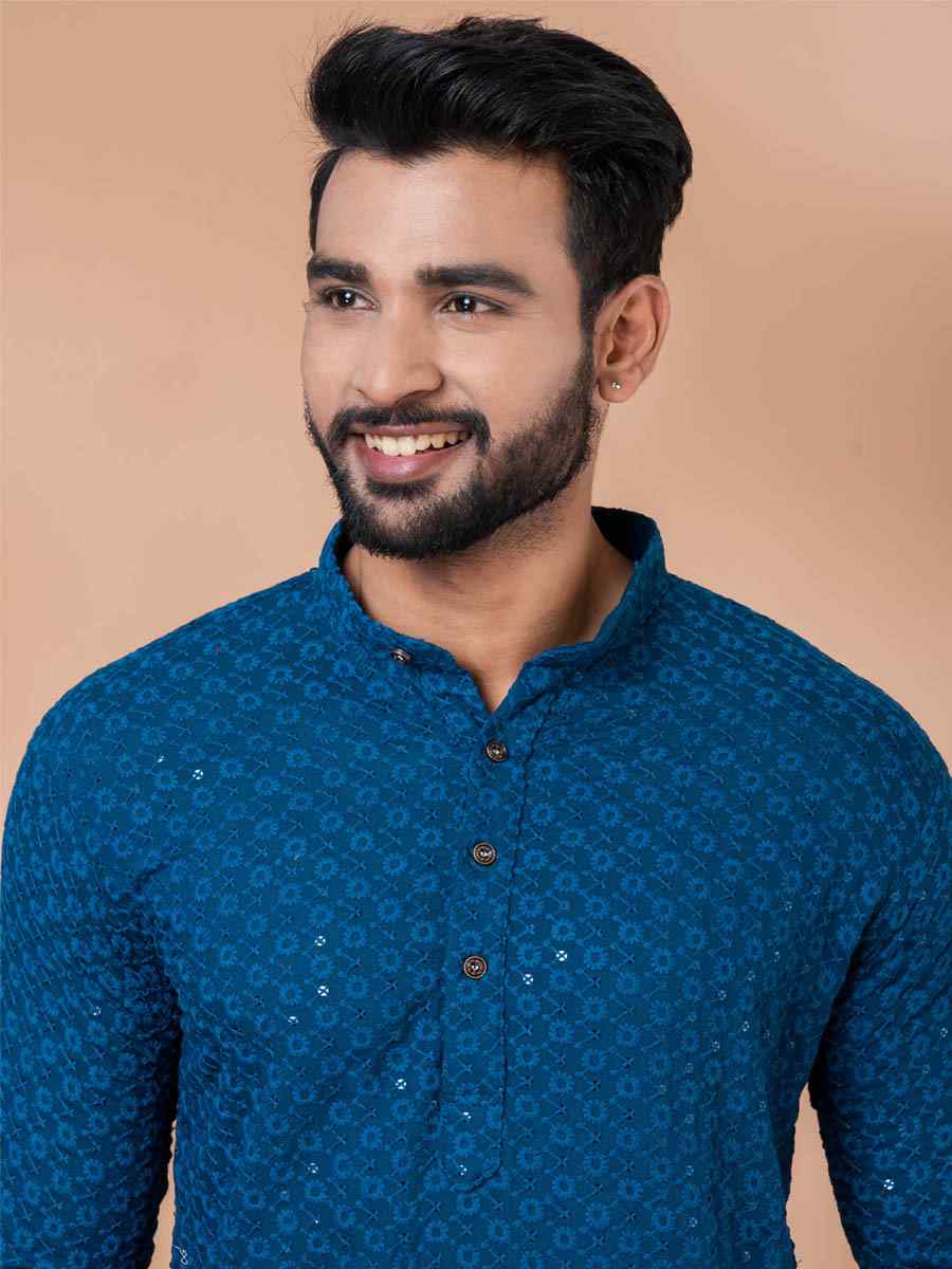 Teal Rayon Embroidered Festival Casual Kurta