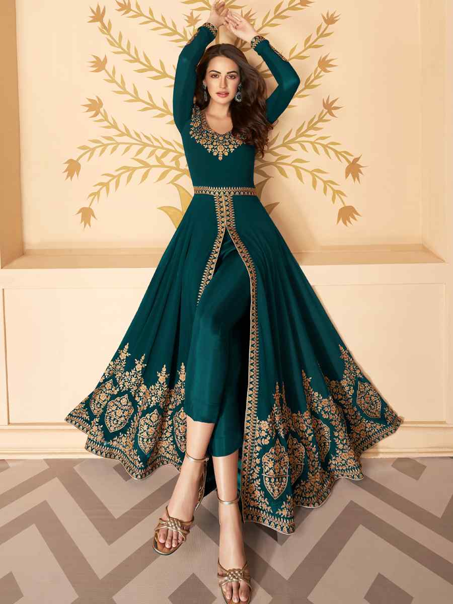 Teal Real Georgette Embroidered Engagement Party Lawn Salwar Kameez