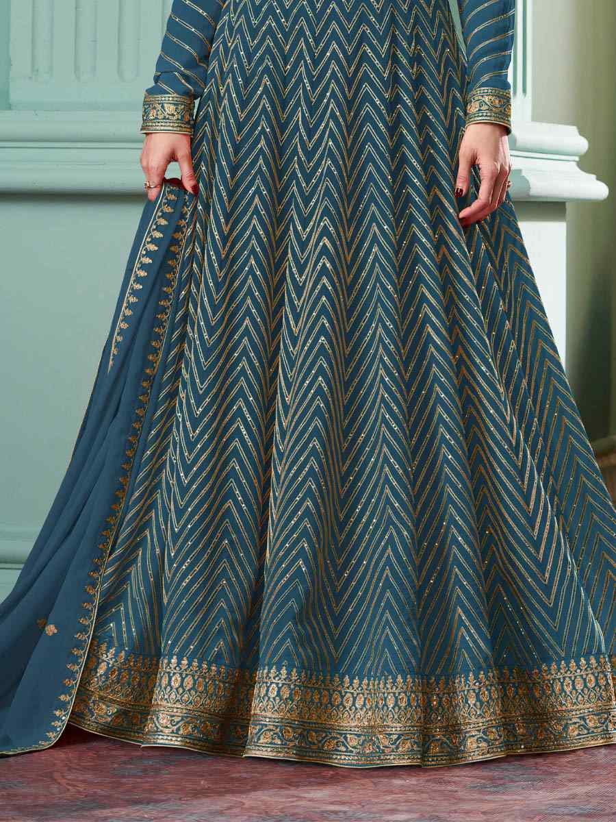 Teal Real Georgette Embroidered Festival Wedding Bollywood Style Anarkali Salwar Kameez