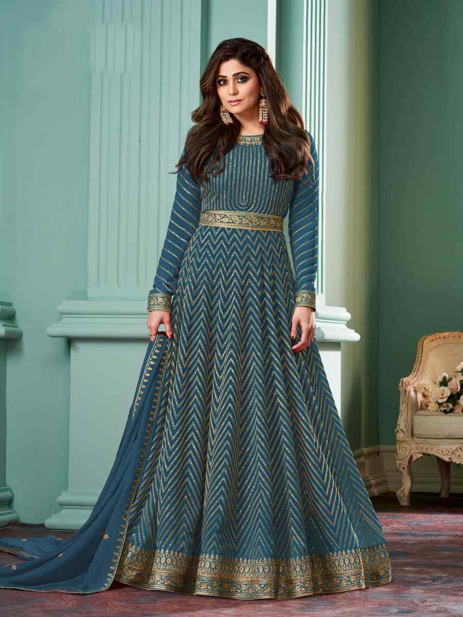 Teal Real Georgette Embroidered Festival Wedding Bollywood Style Anarkali Salwar Kameez