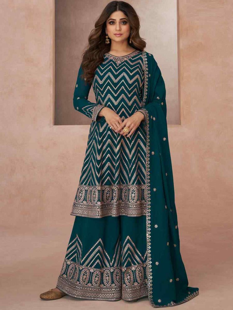 Teal Real Georgette Embroidered Festival Wedding Ready Palazzo Pant Bollywood Style Salwar Kameez