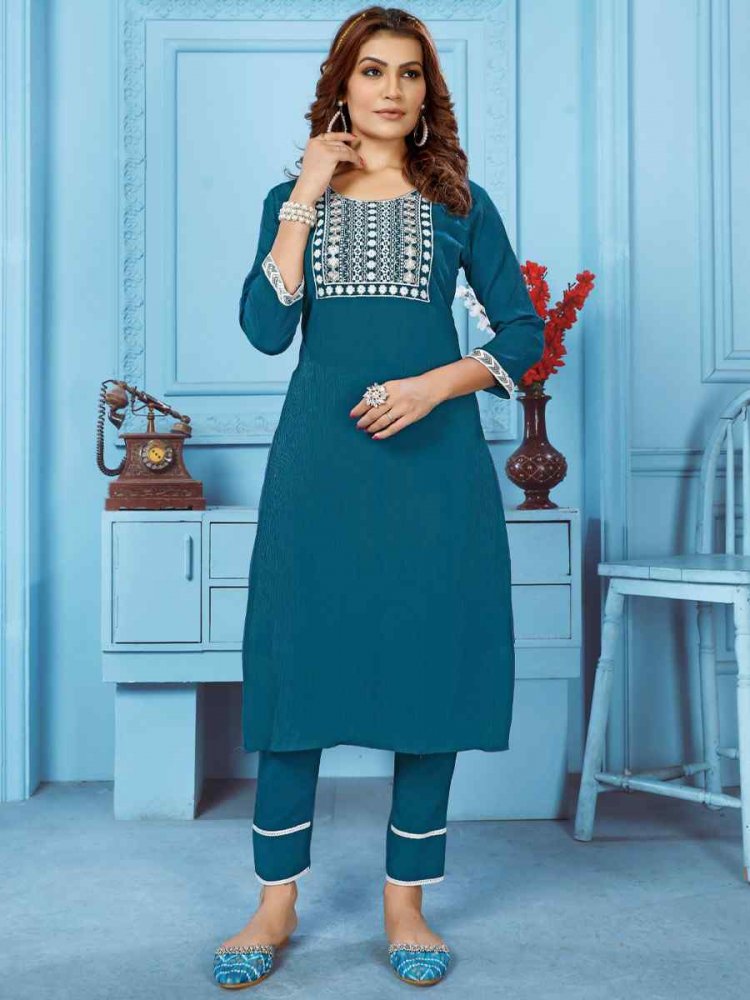 Teal Rinkal Cotton Embroidered Festival Casual Kurti With Bottom