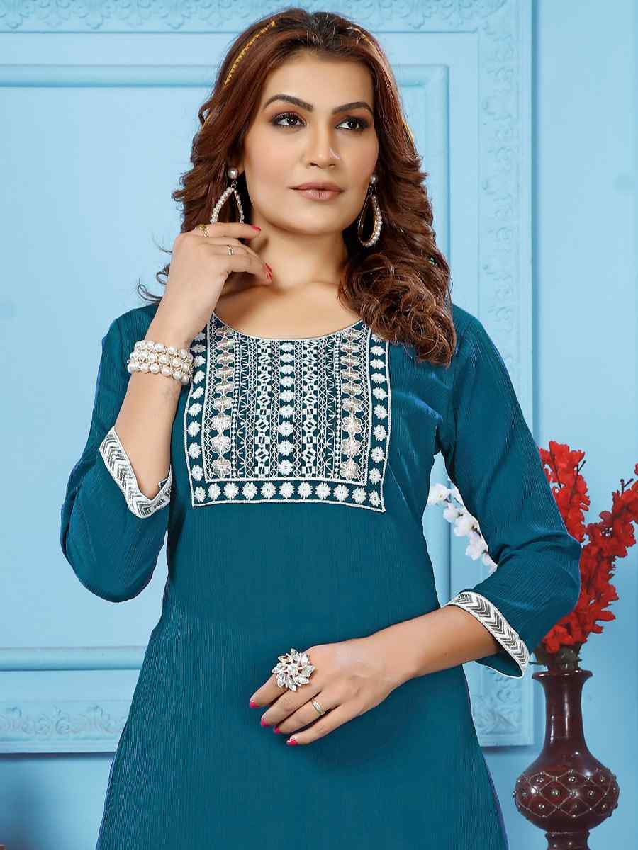 Teal Rinkal Cotton Embroidered Festival Casual Kurti With Bottom