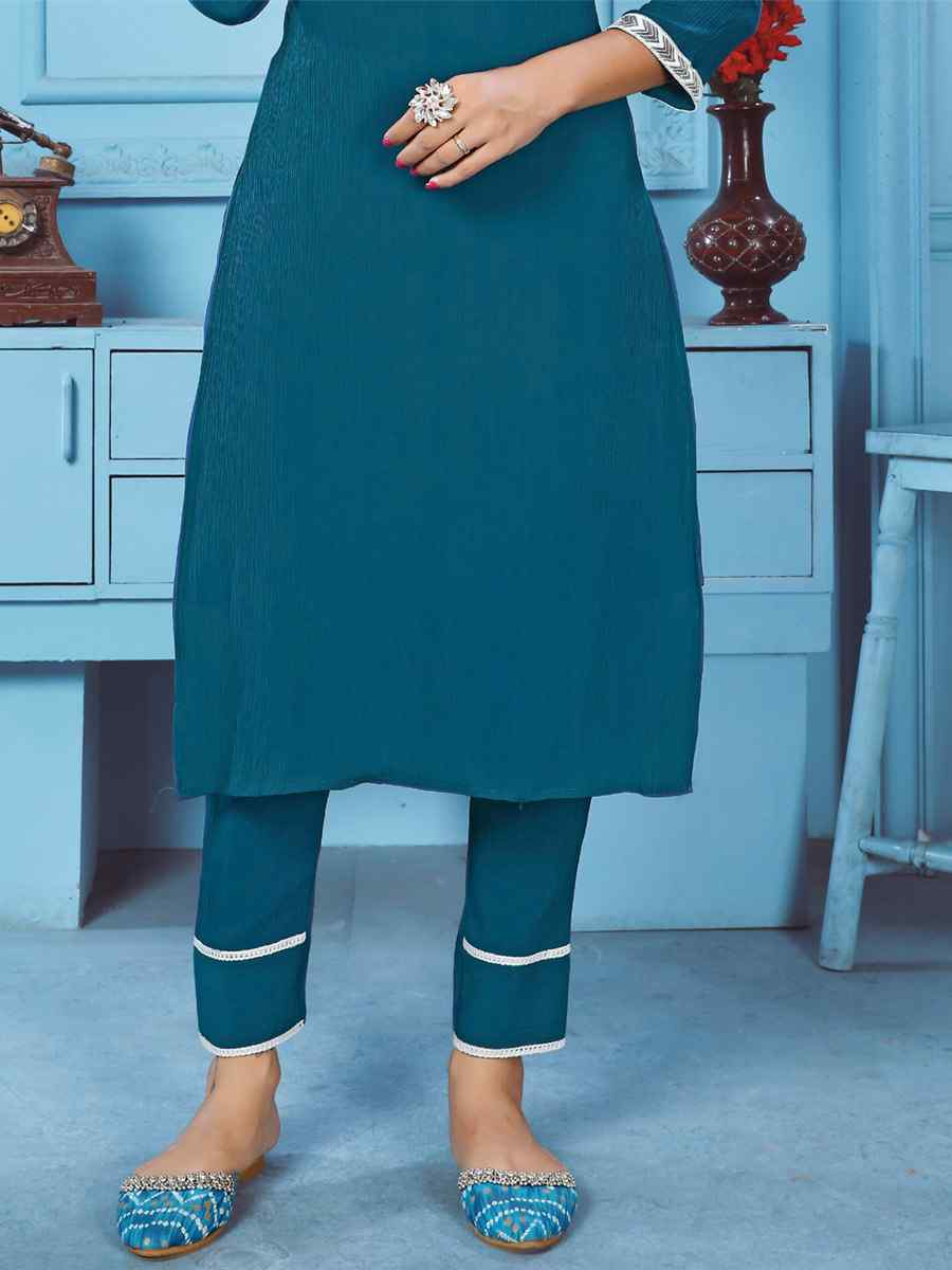 Teal Rinkal Cotton Embroidered Festival Casual Kurti With Bottom