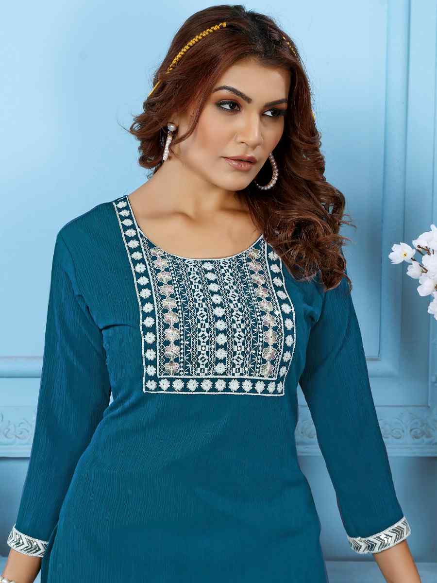 Teal Rinkal Cotton Embroidered Festival Casual Kurti