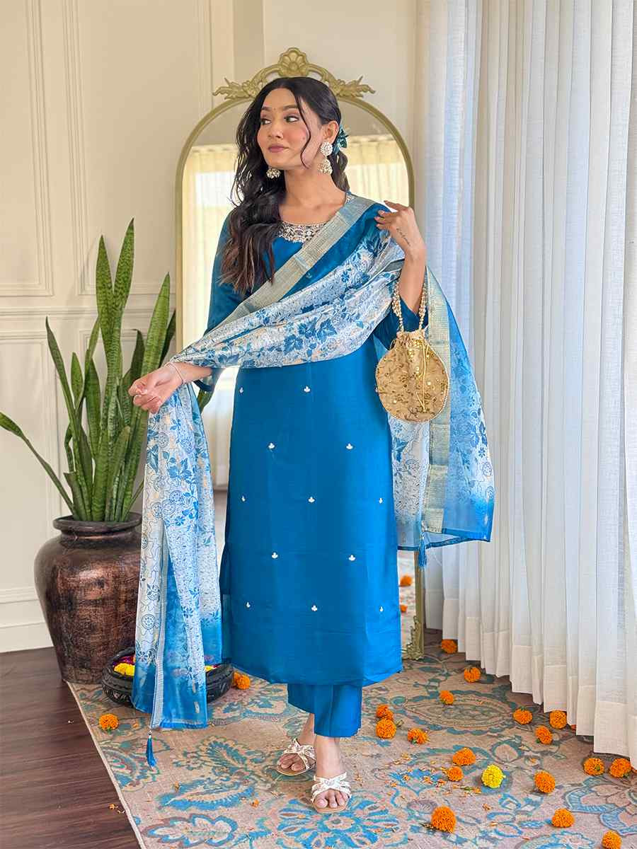 Teal Roman Silk Embroidered Festival Casual Ready Pant Salwar Kameez