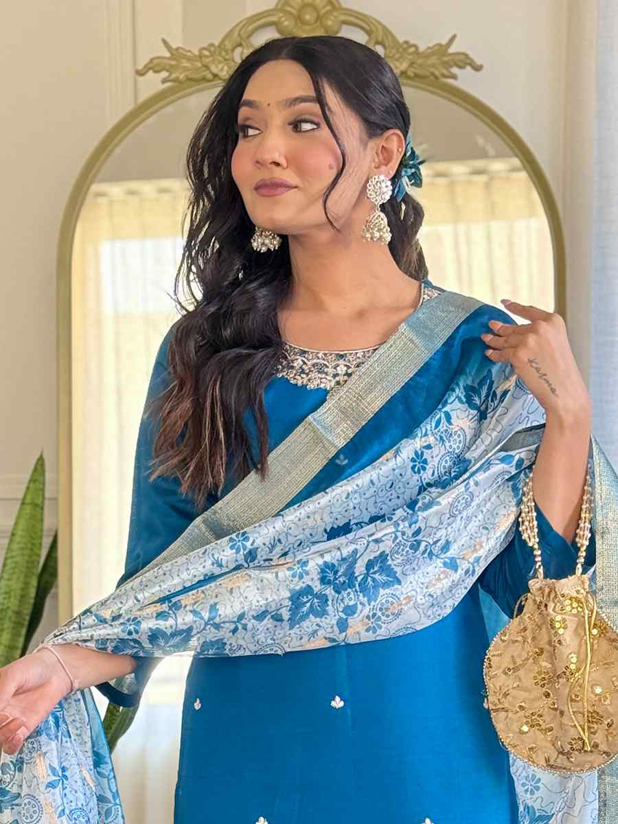 Teal Roman Silk Embroidered Festival Casual Ready Pant Salwar Kameez