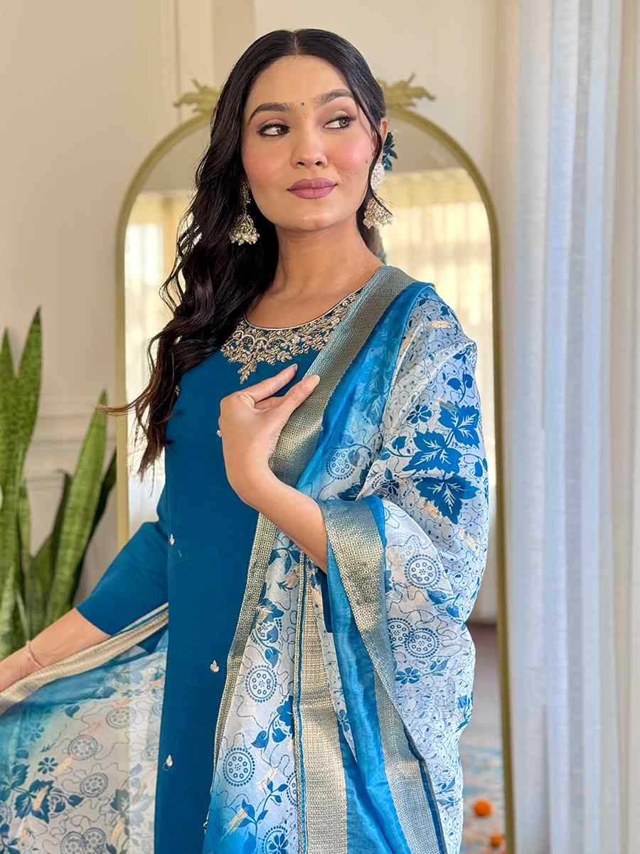 Teal Roman Silk Embroidered Festival Casual Ready Pant Salwar Kameez