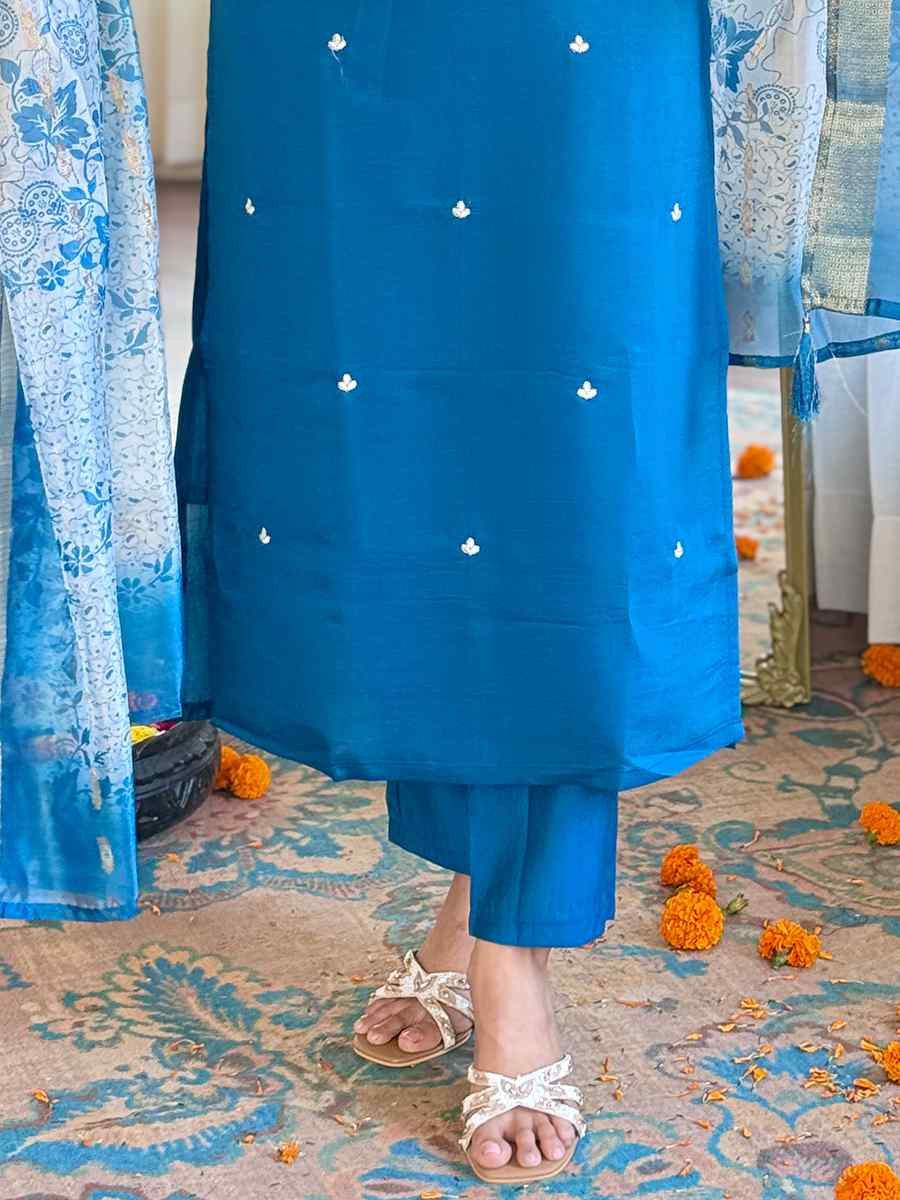 Teal Roman Silk Embroidered Festival Casual Ready Pant Salwar Kameez