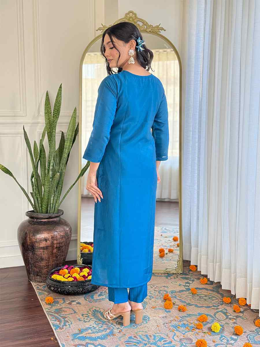 Teal Roman Silk Embroidered Festival Casual Ready Pant Salwar Kameez