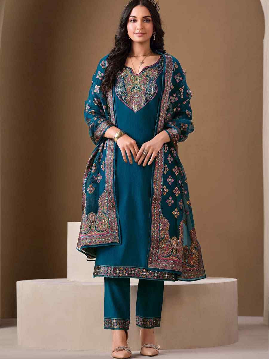 Teal Roman Silk Embroidered Festival Mehendi Ready Pant Salwar Kameez