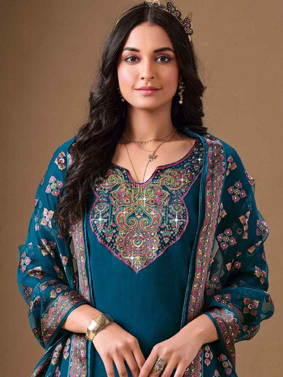 Teal Roman Silk Embroidered Festival Mehendi Ready Pant Salwar Kameez