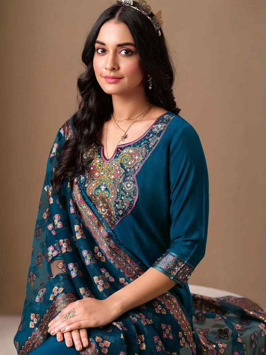 Teal Roman Silk Embroidered Festival Mehendi Ready Pant Salwar Kameez