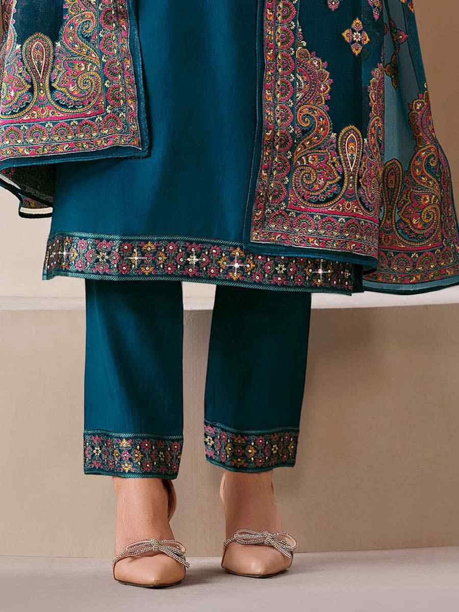 Teal Roman Silk Embroidered Festival Mehendi Ready Pant Salwar Kameez
