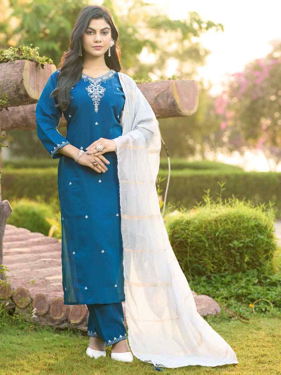 Teal Roman Silk Embroidery Party Wedding Festival Casual Ready Pant Salwar Kameez