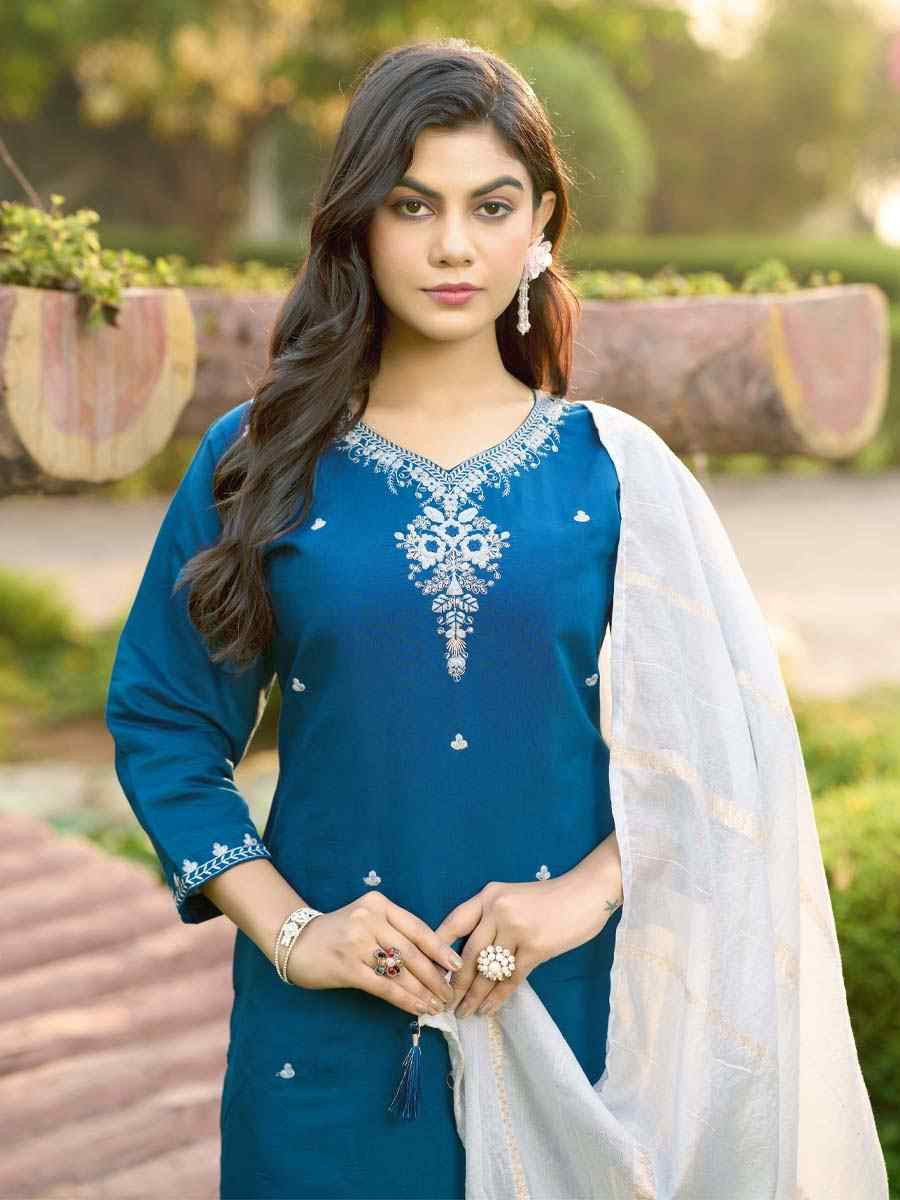 Teal Roman Silk Embroidery Party Wedding Festival Casual Ready Pant Salwar Kameez