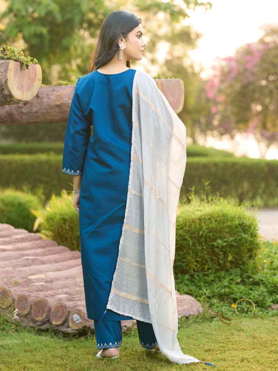 Teal Roman Silk Embroidery Party Wedding Festival Casual Ready Pant Salwar Kameez