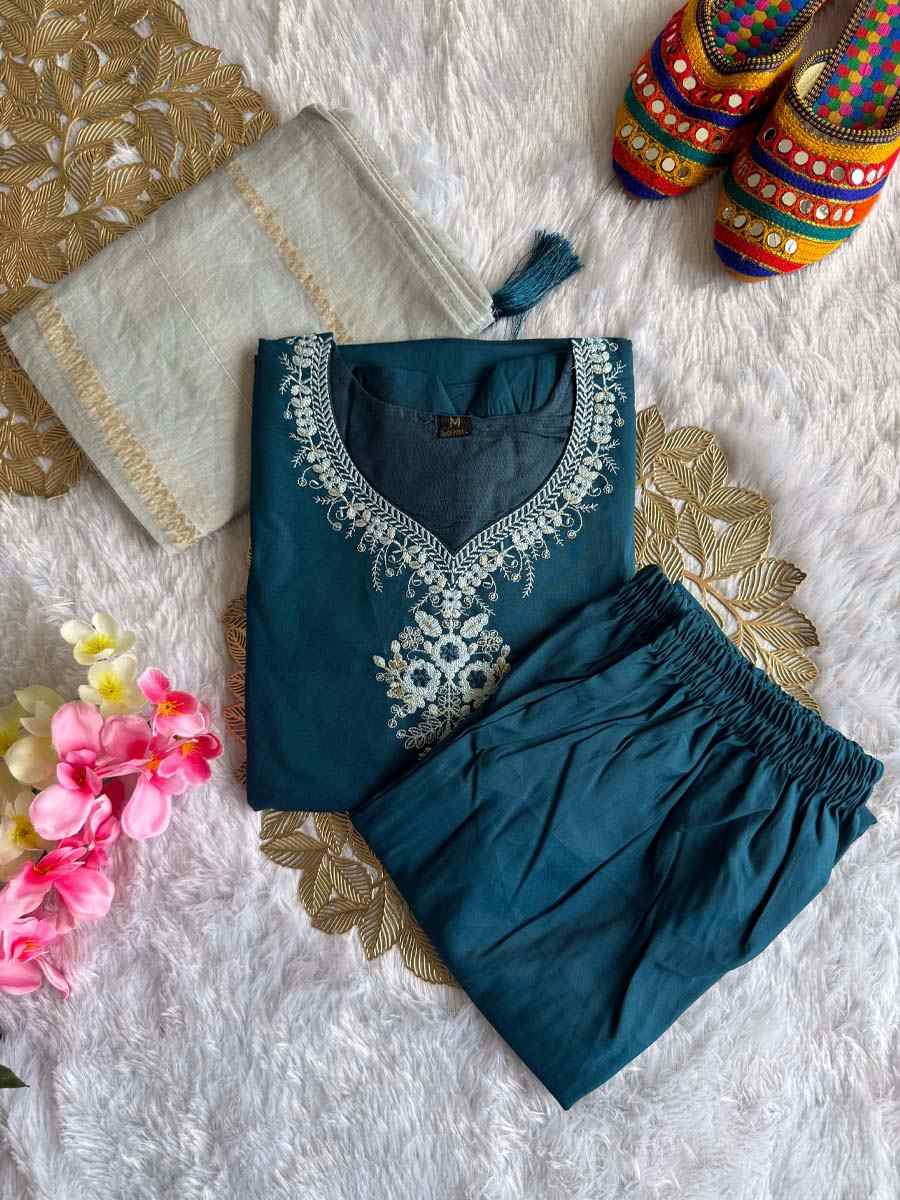 Teal Roman Silk Embroidery Party Wedding Festival Casual Ready Pant Salwar Kameez