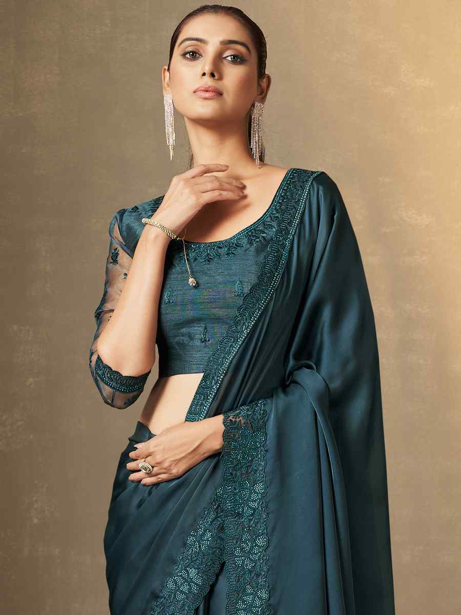 Teal Satin Silk Embroidered Party Festival Heavy Border Saree