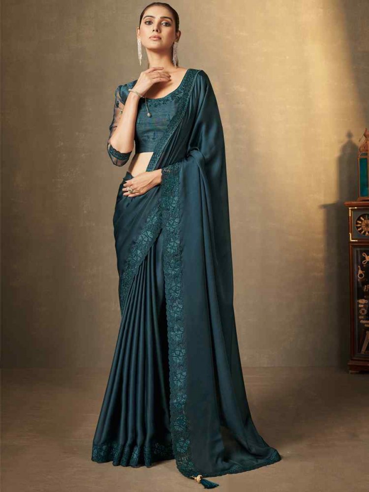 Teal Satin Silk Embroidered Party Festival Heavy Border Saree