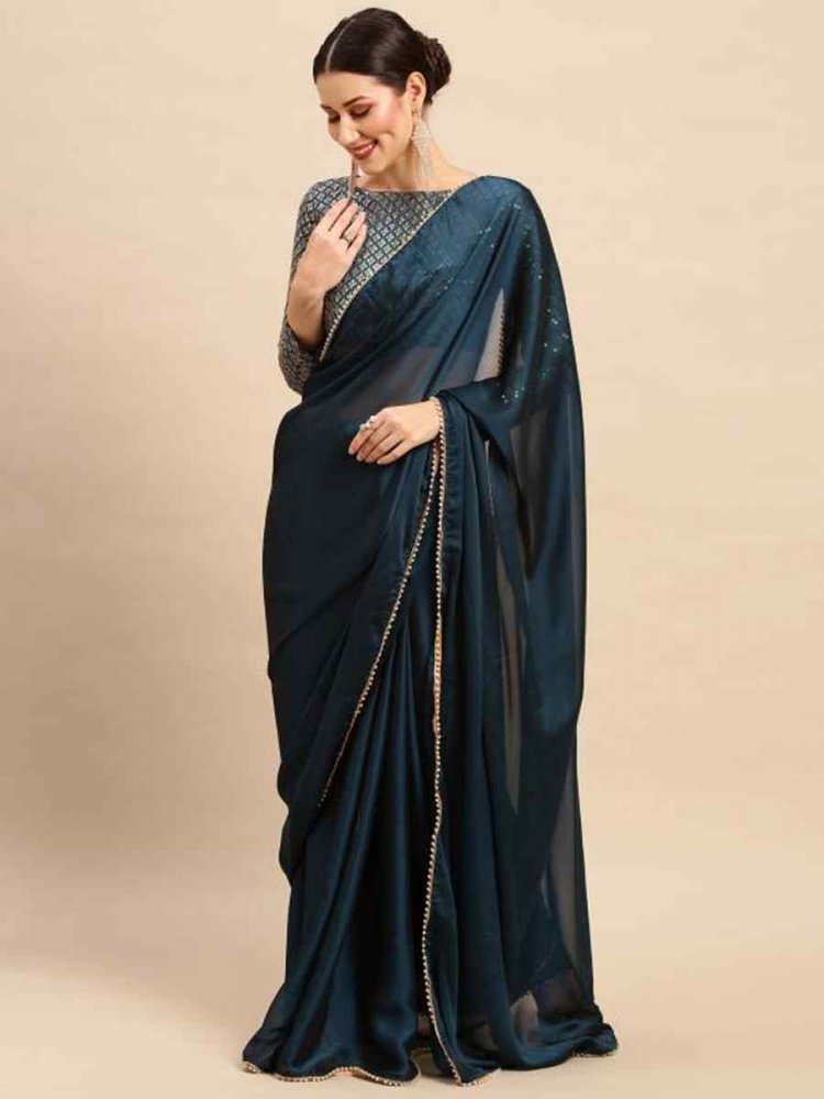 Teal Satin Silk Georgette Handwoven Casual Festival Classic Style Saree