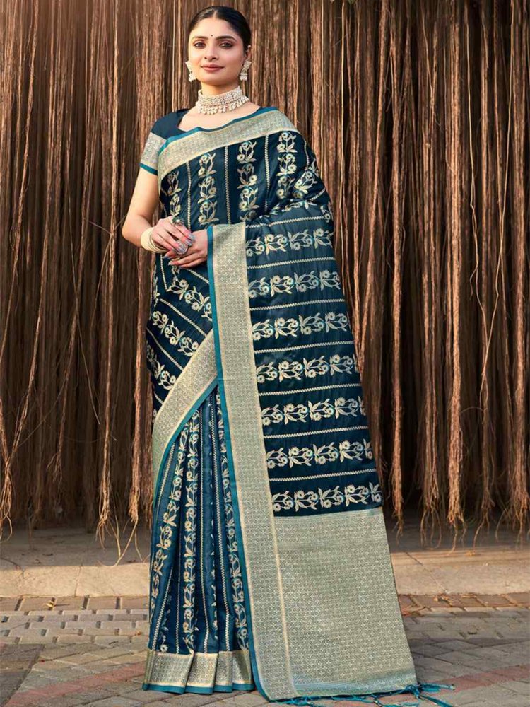 Teal Satin Silk Handwoven Wedding Festival Heavy Border Saree