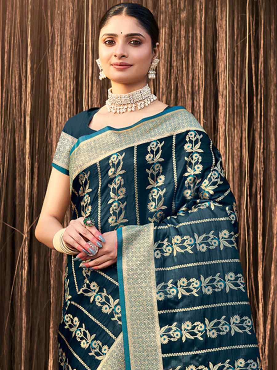 Teal Satin Silk Handwoven Wedding Festival Heavy Border Saree