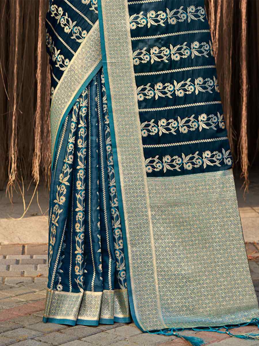 Teal Satin Silk Handwoven Wedding Festival Heavy Border Saree