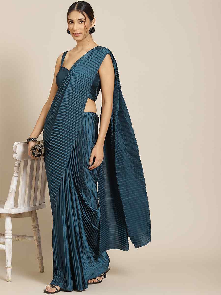 Teal Satin Silk Plain Casual Festival Classic Style Saree