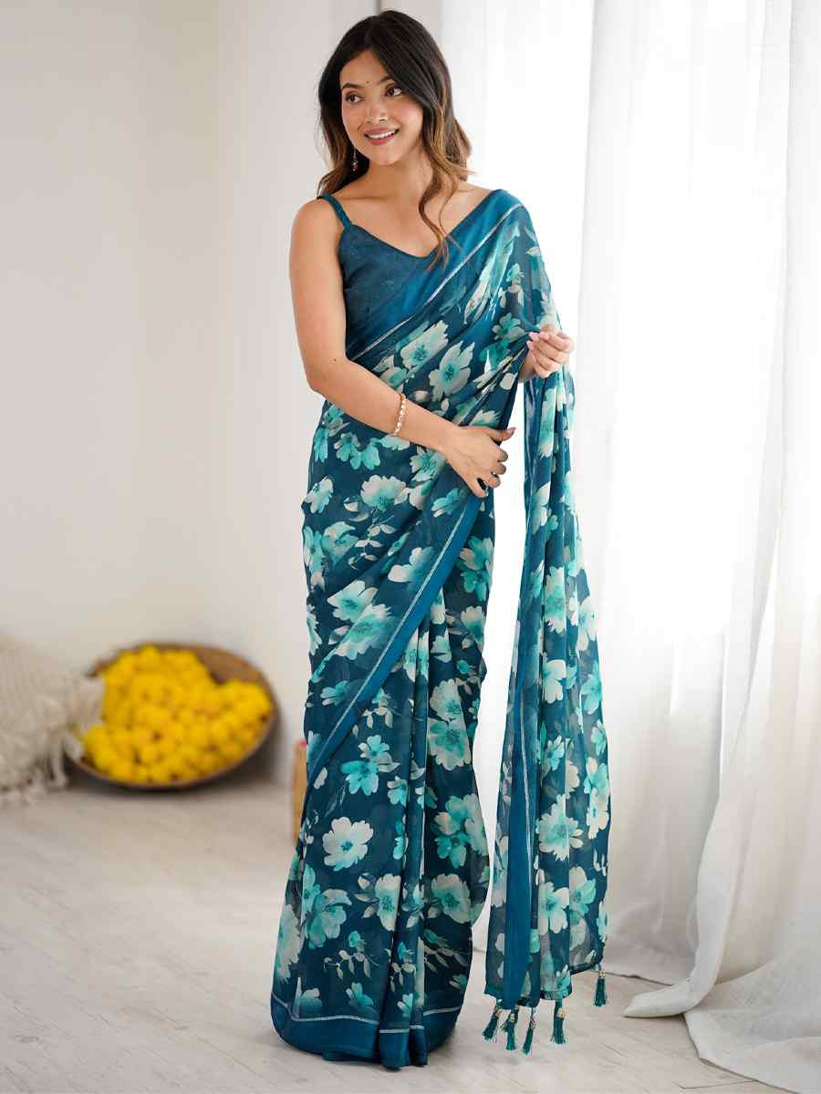 Teal Satin Silk Printed Casual Reception Festival Wedding Fancy Classic Style Sarees