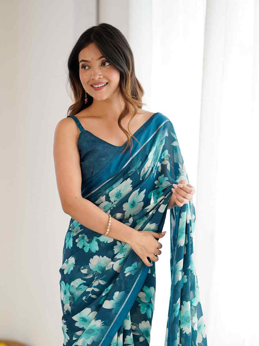 Teal Satin Silk Printed Casual Reception Festival Wedding Fancy Classic Style Sarees