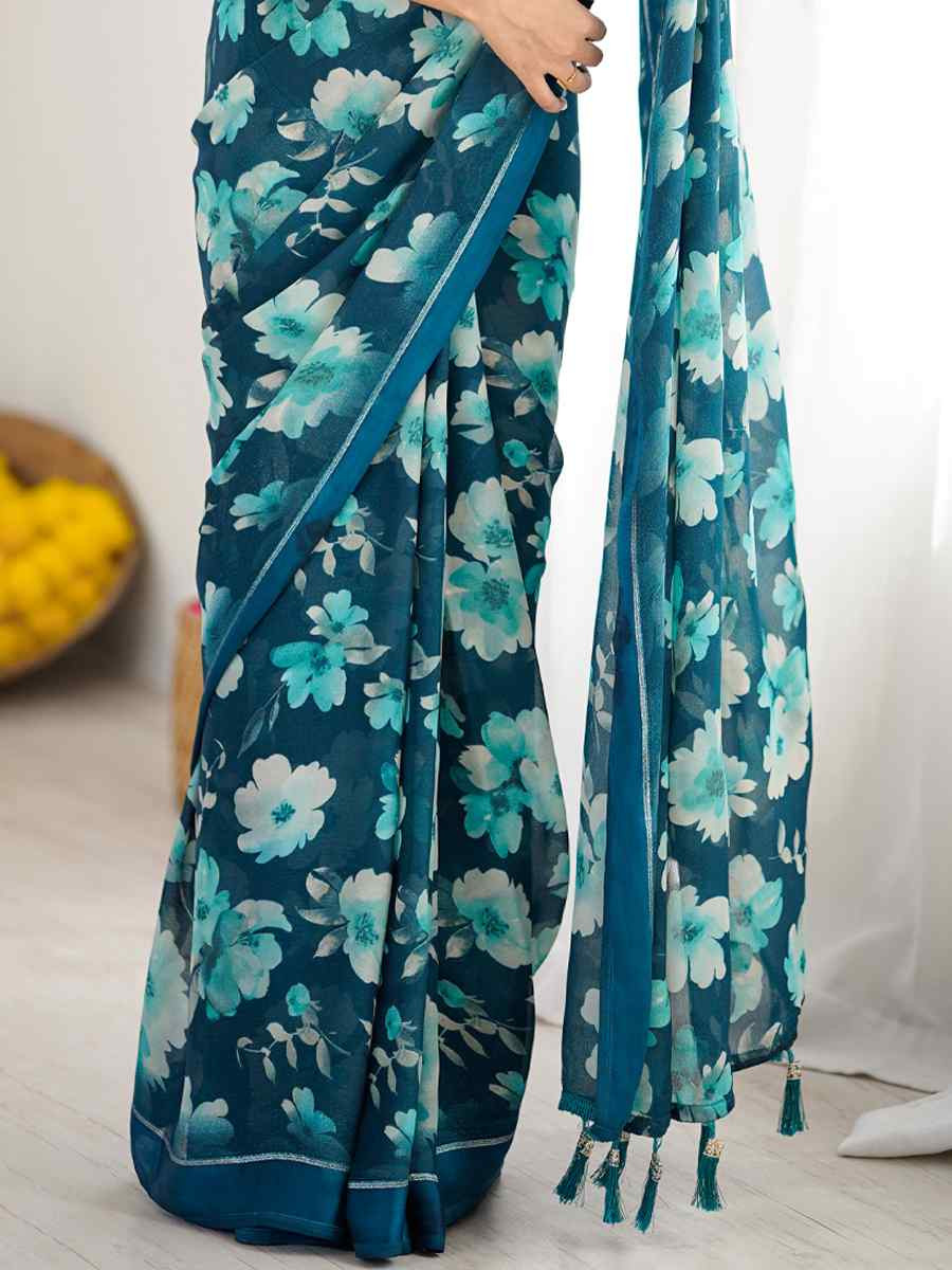 Teal Satin Silk Printed Casual Reception Festival Wedding Fancy Classic Style Sarees