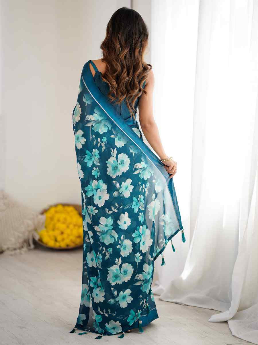 Teal Satin Silk Printed Casual Reception Festival Wedding Fancy Classic Style Sarees